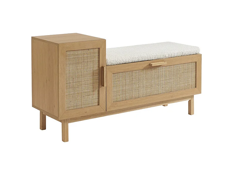 June - Banc d'entrée avec rangement à chaussures en bois et cannage L120cm - Bois clair