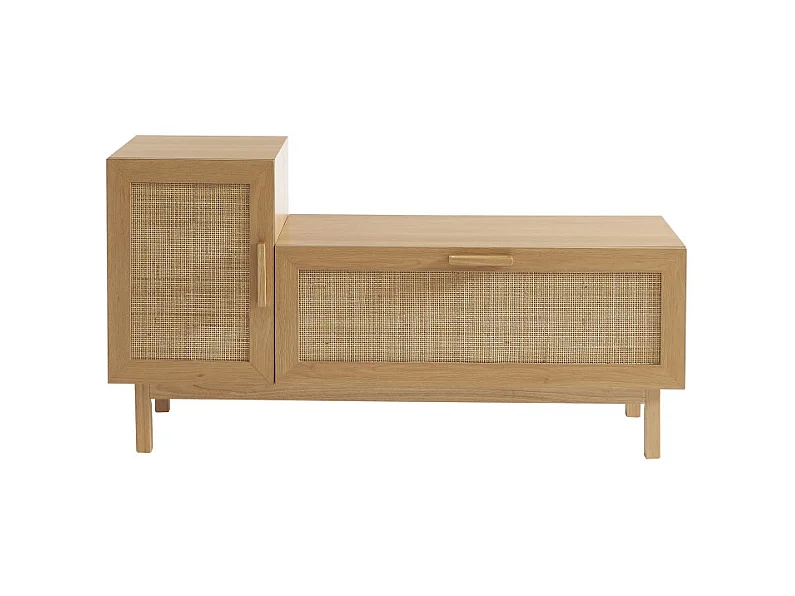 June - Banc d'entrée avec rangement à chaussures en bois et cannage L120cm - Bois clair