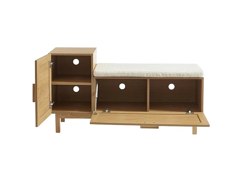 June - Banc d'entrée avec rangement à chaussures en bois et cannage L120cm - Bois clair