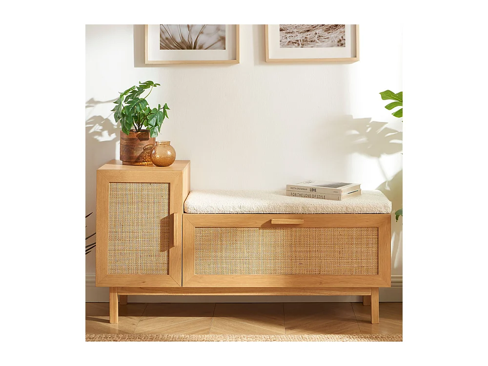 June - Banc d'entrée avec rangement à chaussures en bois et cannage L120cm - Bois clair