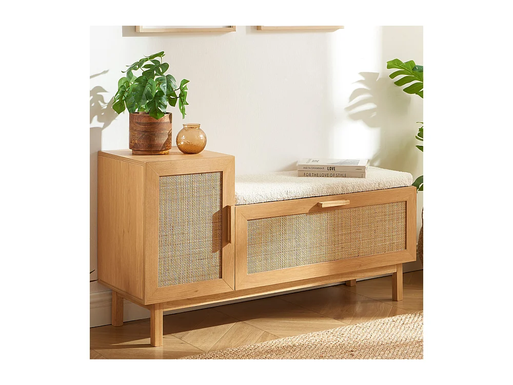 June - Banc d'entrée avec rangement à chaussures en bois et cannage L120cm - Bois clair