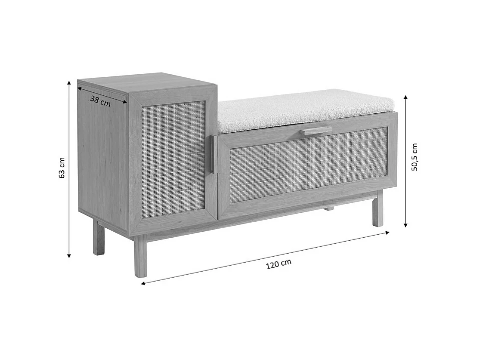June - Banc d'entrée avec rangement à chaussures en bois et cannage L120cm - Bois clair
