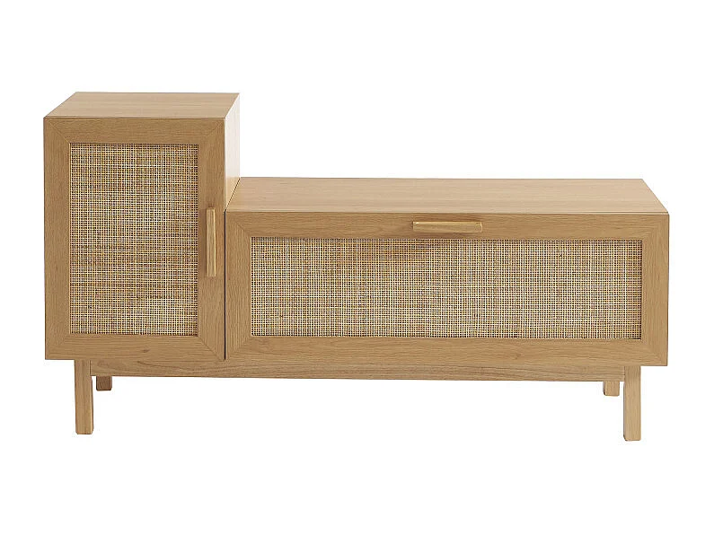 June - Banc d'entrée avec rangement à chaussures en bois et cannage L120cm - Bois clair