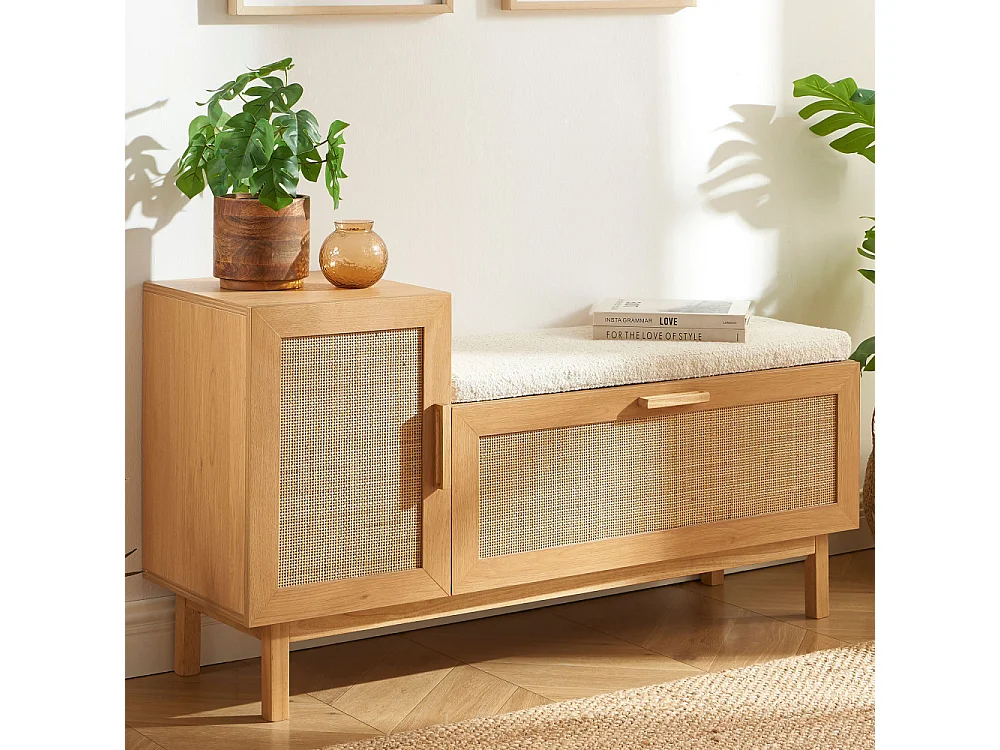 June - Banc d'entrée avec rangement à chaussures en bois et cannage L120cm - Bois clair