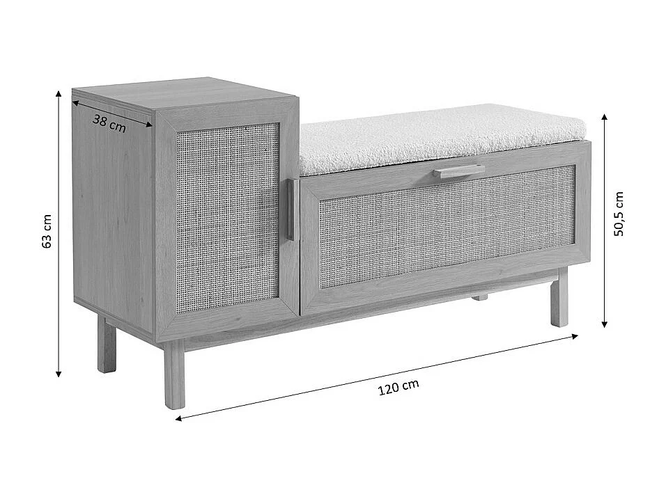 June - Banc d'entrée avec rangement à chaussures en bois et cannage L120cm - Bois clair