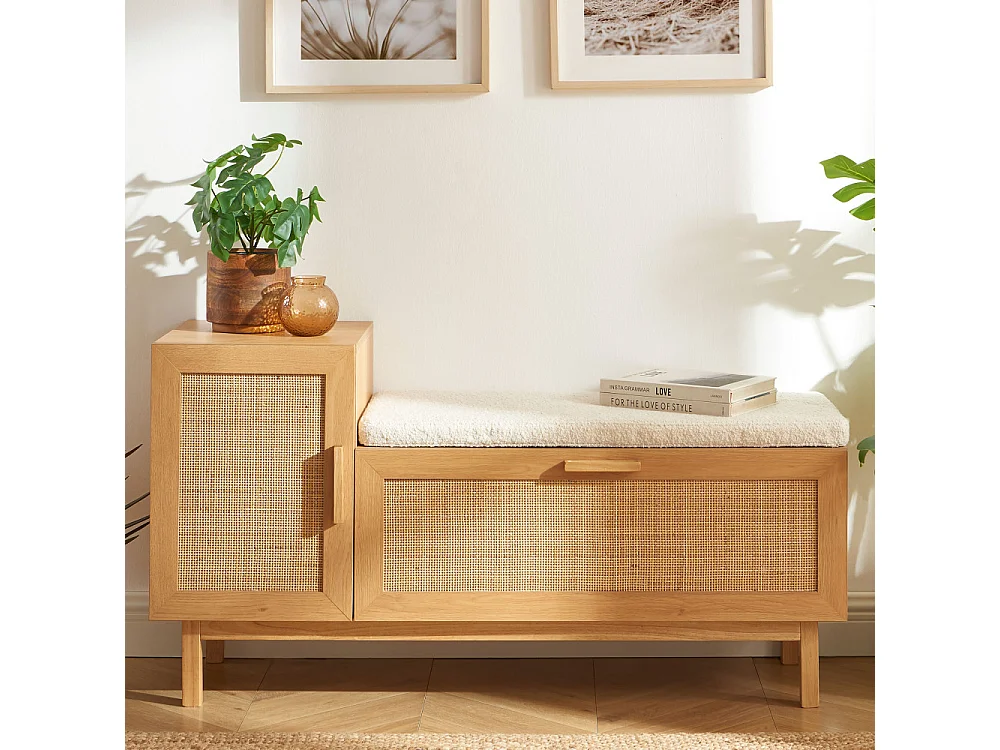 June - Banc d'entrée avec rangement à chaussures en bois et cannage L120cm - Bois clair