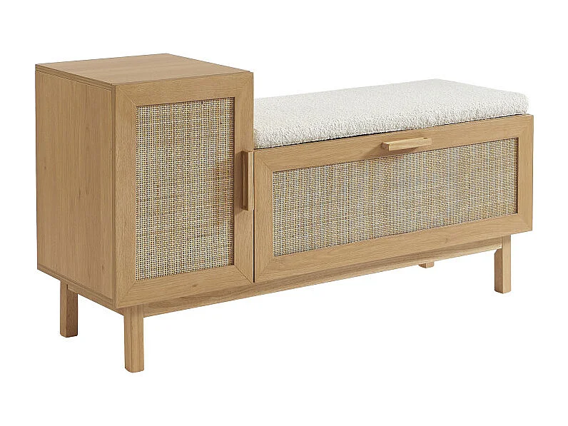 June - Banc d'entrée avec rangement à chaussures en bois et cannage L120cm - Bois clair