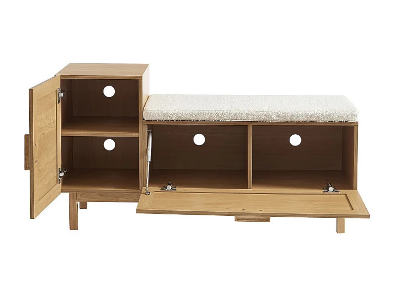 June - Banc d'entrée avec rangement à chaussures en bois et cannage L120cm - Bois clair