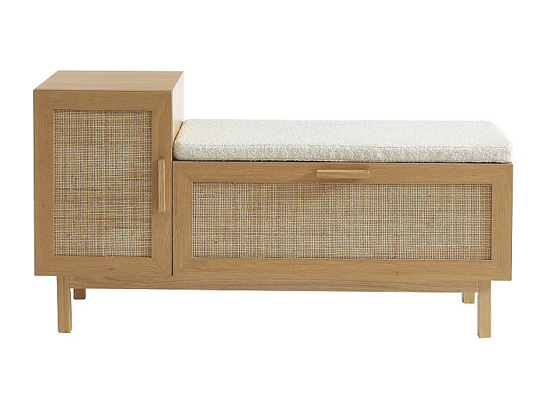 June - Banc d'entrée avec rangement à chaussures en bois et cannage L120cm - Bois clair