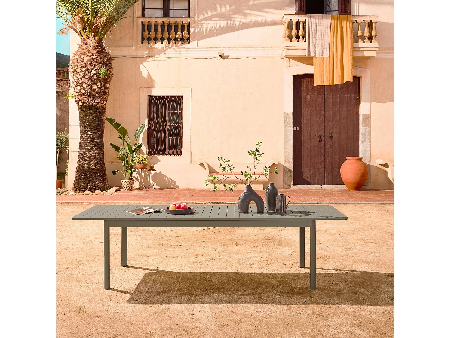 Mesa de jardín extensible de aluminio de 10 plazas verde kaki