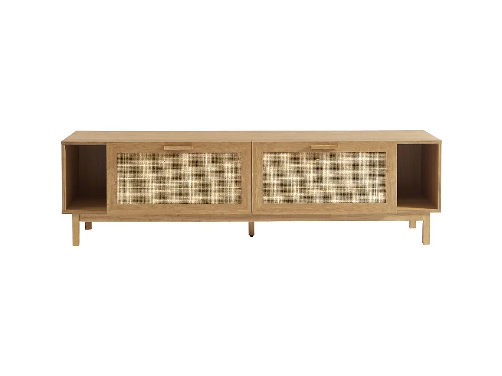 June - Meuble TV 2 portes en bois et cannage L180cm - Bois clair
