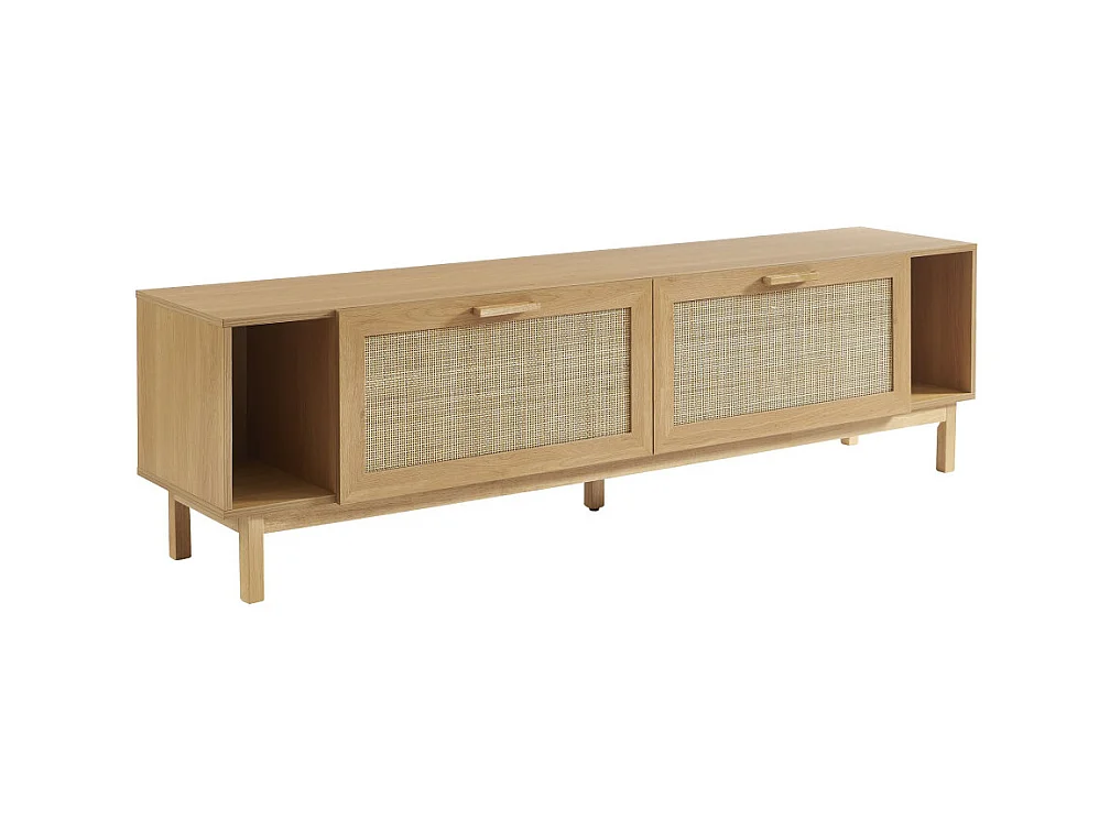 June - Meuble TV 2 portes en bois et cannage L180cm - Bois clair