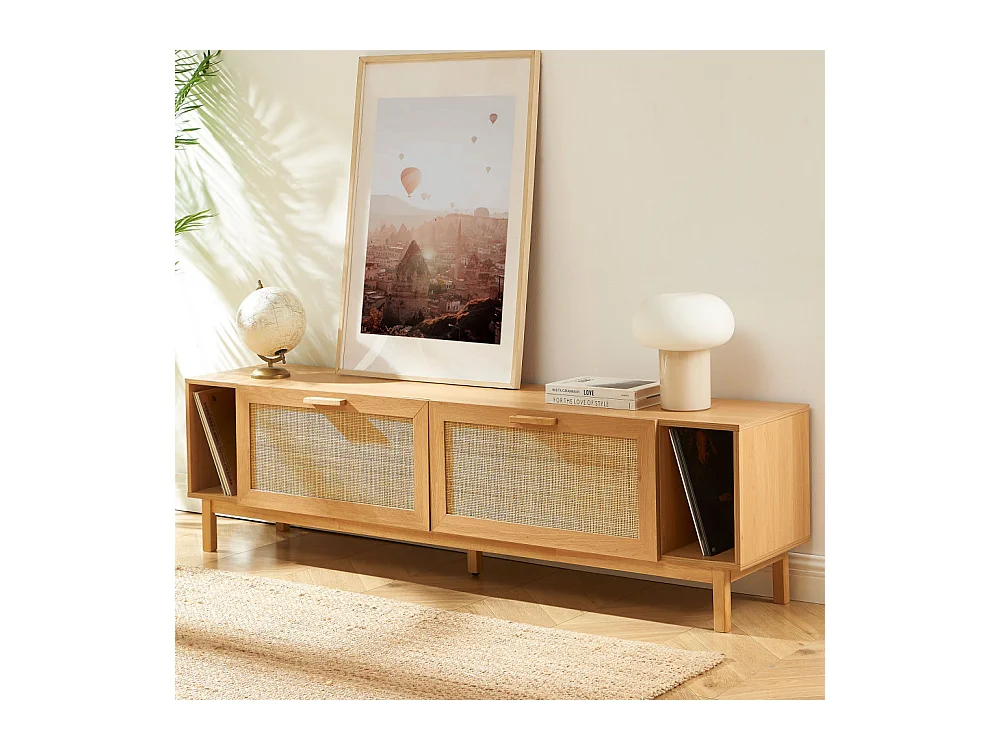 June - Meuble TV 2 portes en bois et cannage L180cm - Bois clair