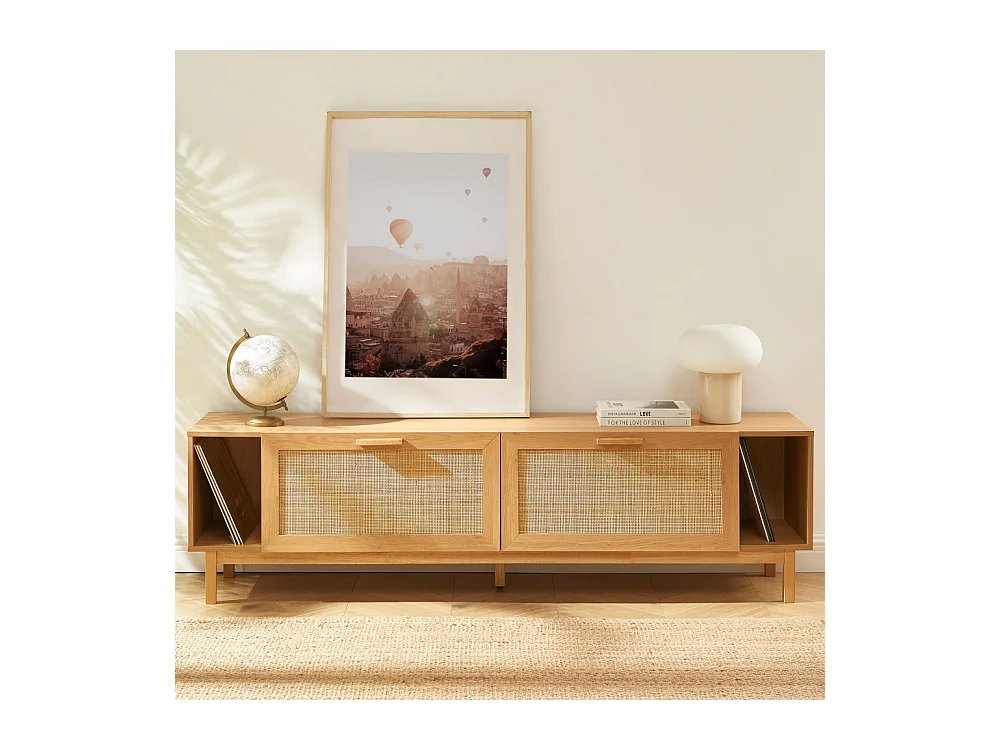 June - Meuble TV 2 portes en bois et cannage L180cm - Bois clair