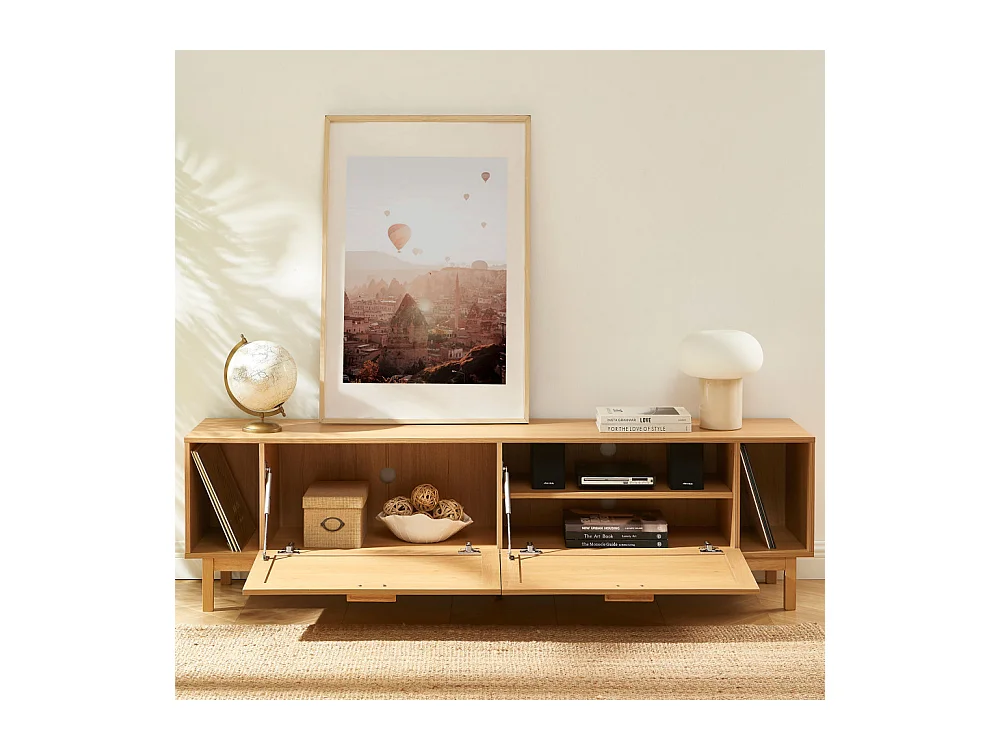 June - Meuble TV 2 portes en bois et cannage L180cm - Bois clair