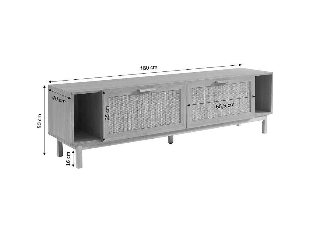 June - Meuble TV 2 portes en bois et cannage L180cm - Bois clair