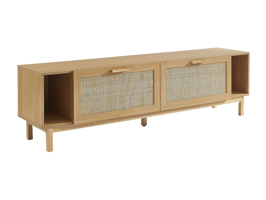 June - Meuble TV 2 portes en bois et cannage L180cm - Bois clair
