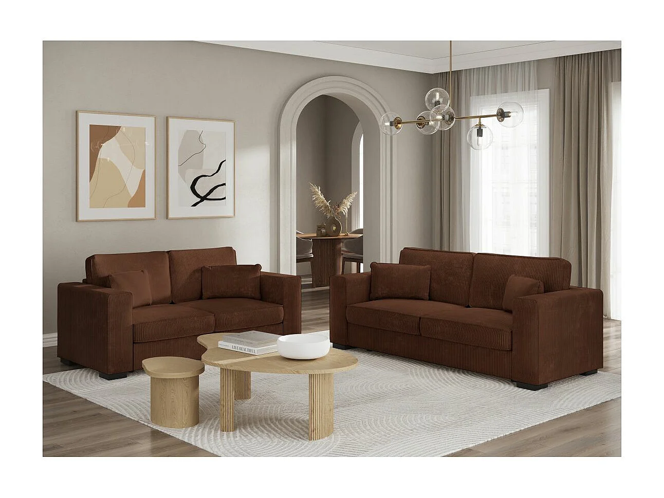 Ensemble canapés 2 places et 3 places Belami en velours côtelé - Marron - Loungitude