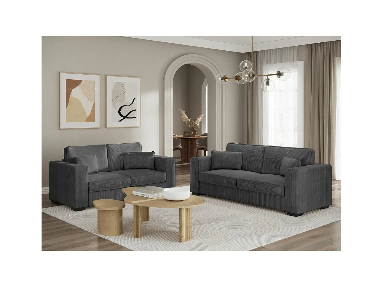 Ensemble canapés 2 places et 3 places Belami en velours côtelé - Gris anthracite - Loungitude