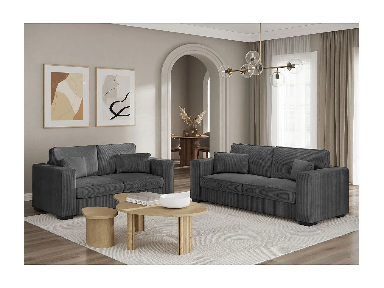 Ensemble canapés 2 places et 3 places Belami en velours côtelé - Gris anthracite - Loungitude