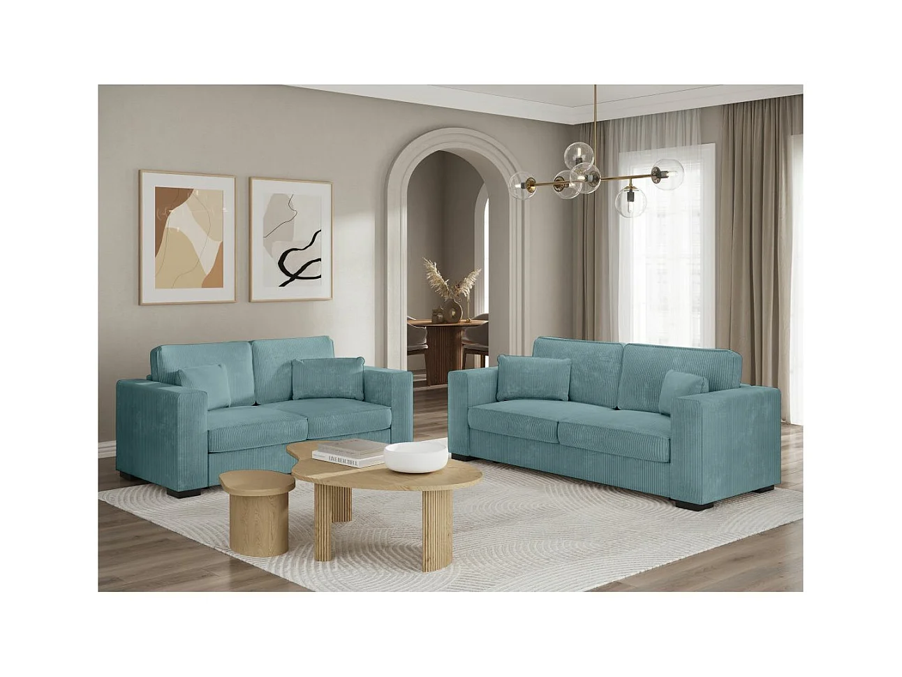 Ensemble canapés 2 places et 3 places Belami en velours côtelé - Bleu clair - Loungitude