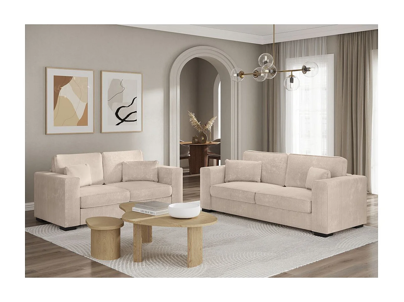 Ensemble canapés 2 places et 3 places Belami en velours côtelé - Beige - Loungitude