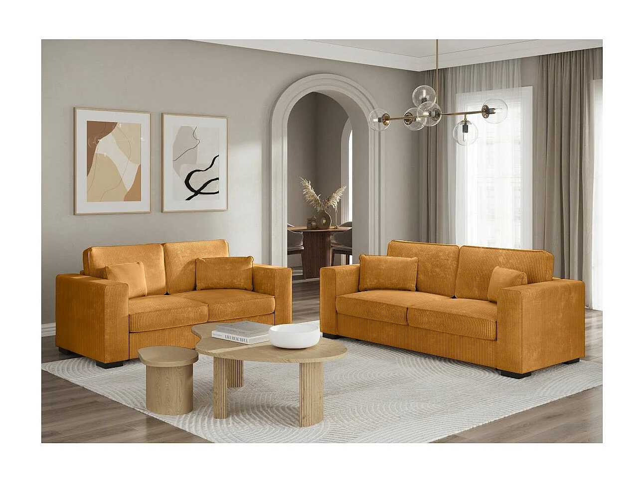 Ensemble canapés 2 places et 3 places Belami en velours côtelé - Jaune - Loungitude