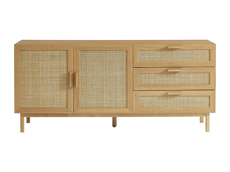 June - Buffet 2 portes 3 tiroirs en bois et cannage L180cm - Bois clair