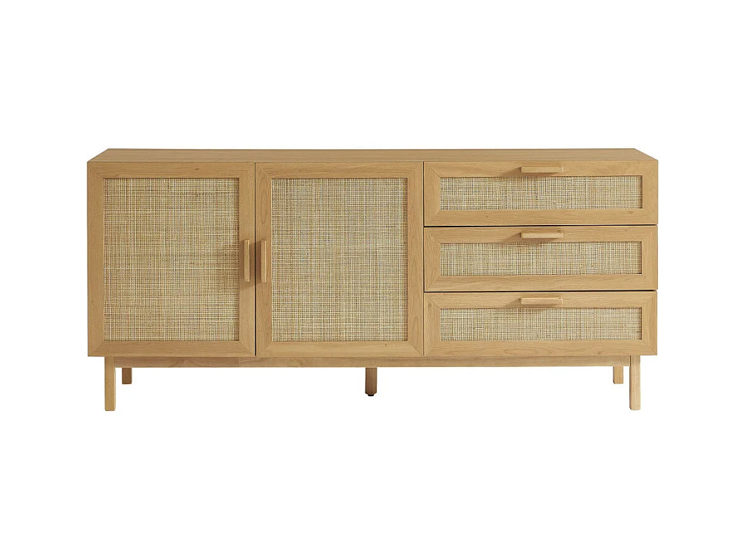 June - Buffet 2 portes 3 tiroirs en bois et cannage L180cm - Bois clair