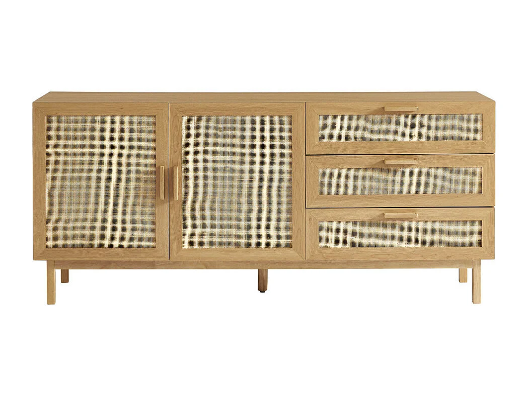 June - Buffet 2 portes 3 tiroirs en bois et cannage L180cm - Bois clair