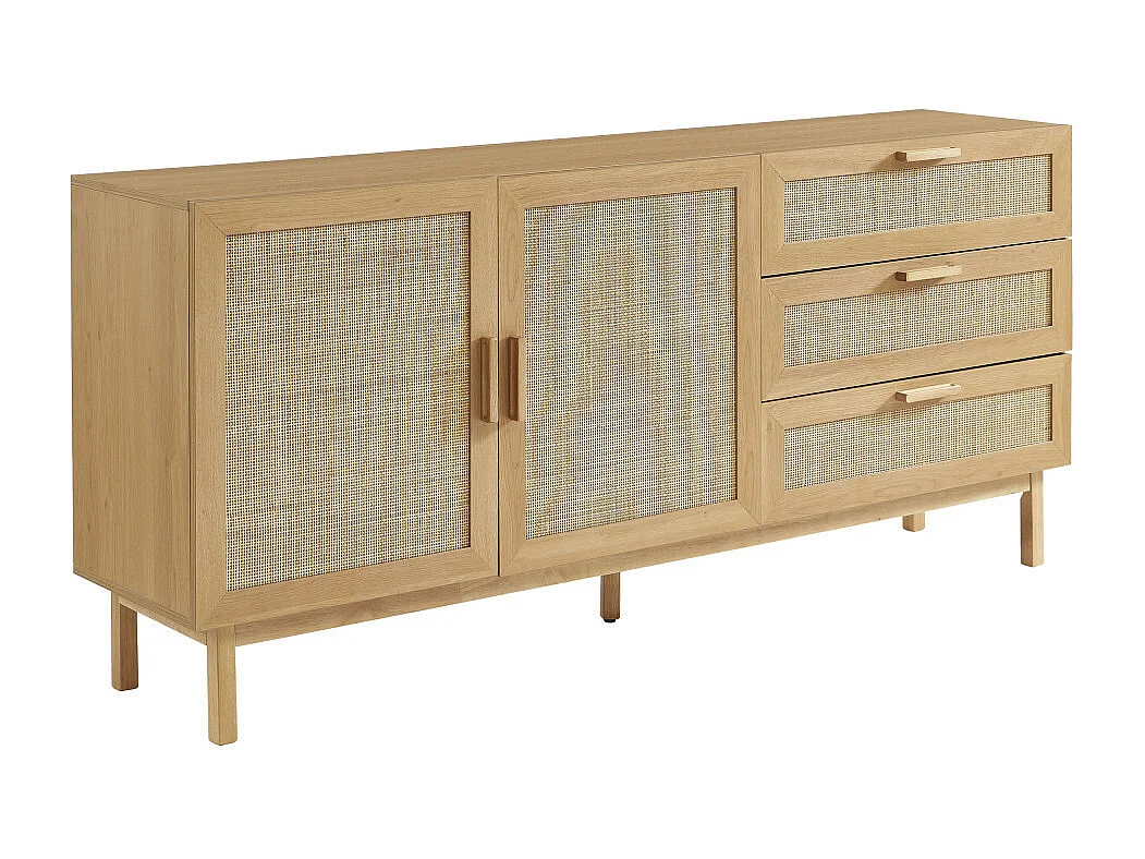 June - Buffet 2 portes 3 tiroirs en bois et cannage L180cm - Bois clair
