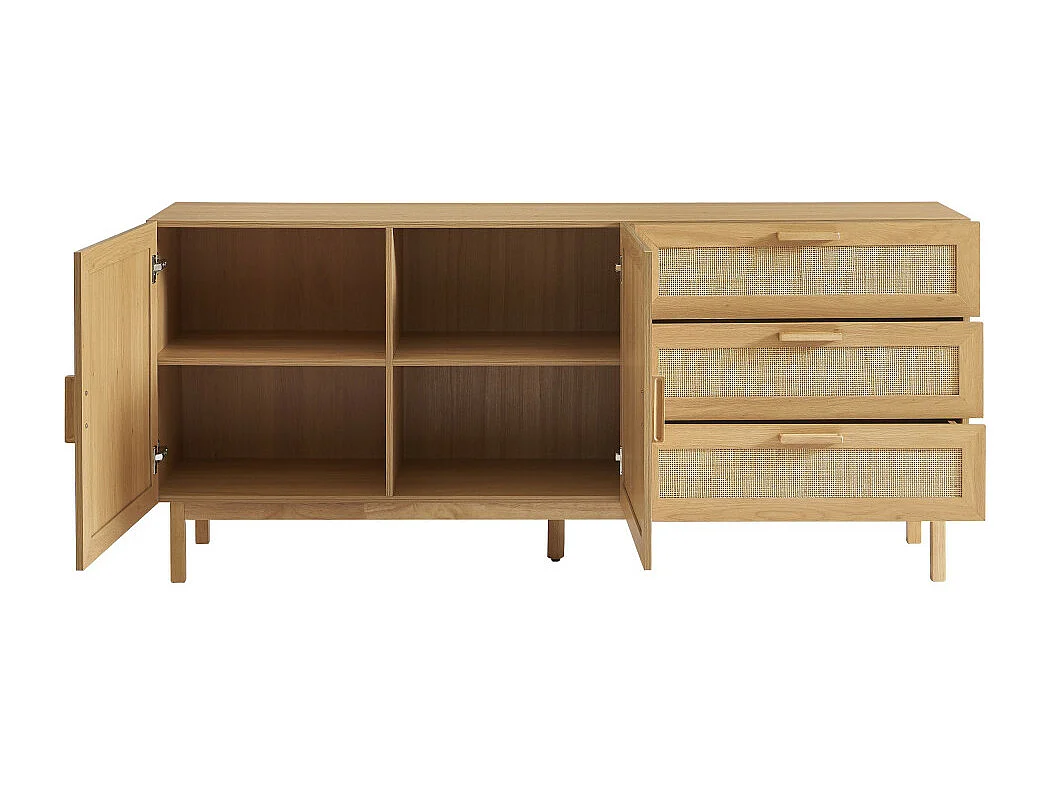 June - Buffet 2 portes 3 tiroirs en bois et cannage L180cm - Bois clair
