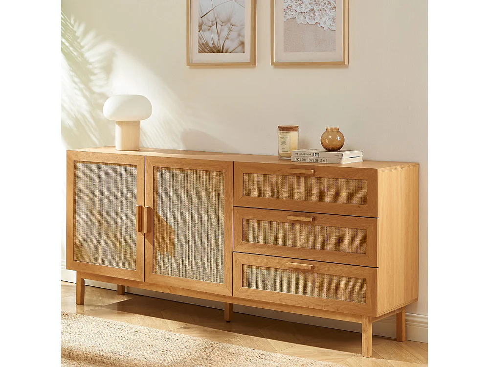 June - Buffet 2 portes 3 tiroirs en bois et cannage L180cm - Bois clair