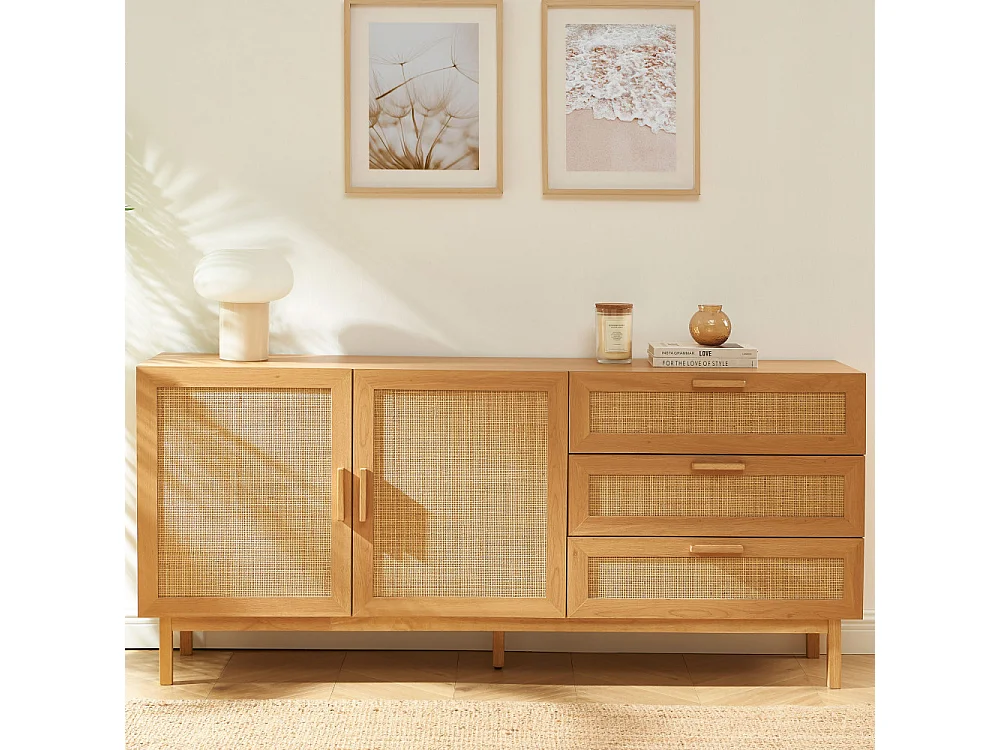 June - Buffet 2 portes 3 tiroirs en bois et cannage L180cm - Bois clair