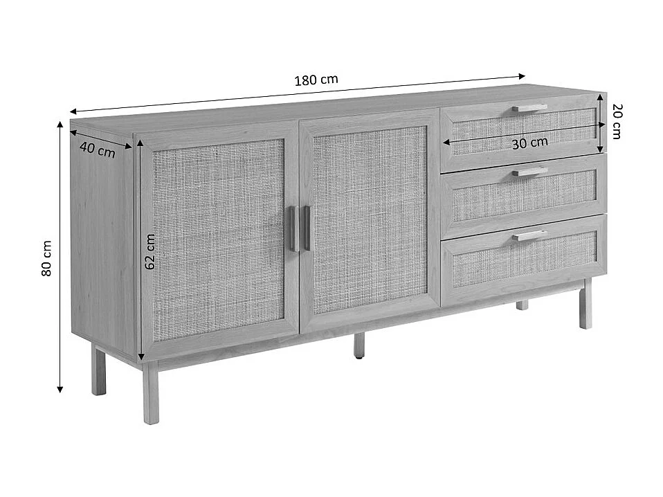 June - Buffet 2 portes 3 tiroirs en bois et cannage L180cm - Bois clair