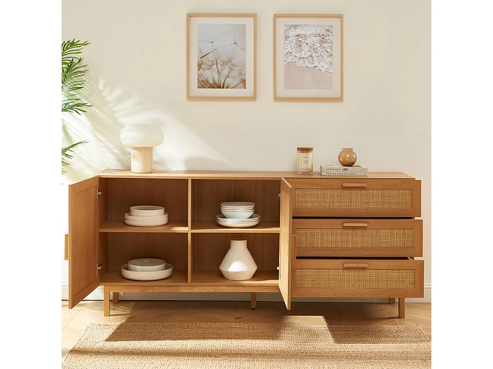 June - Buffet 2 portes 3 tiroirs en bois et cannage L180cm - Bois clair
