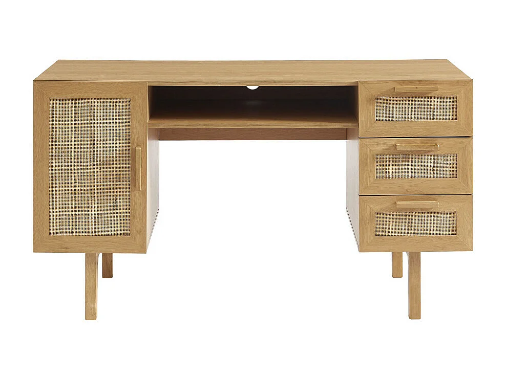 June - Bureau 1 porte 3 tiroirs en bois et cannage L135cm - Bois clair