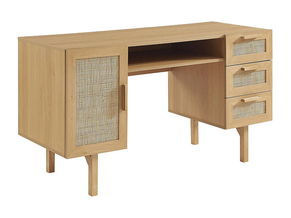 June - Bureau 1 porte 3 tiroirs en bois et cannage L135cm - Bois clair