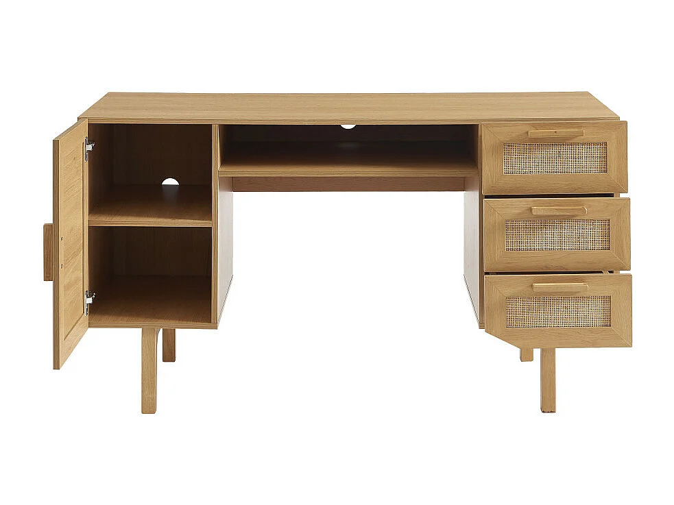 June - Bureau 1 porte 3 tiroirs en bois et cannage L135cm - Bois clair