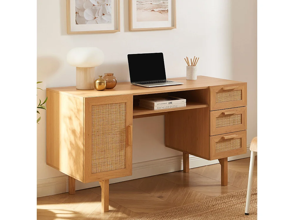 June - Bureau 1 porte 3 tiroirs en bois et cannage L135cm - Bois clair