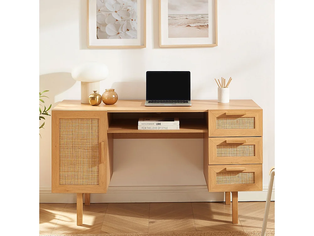 June - Bureau 1 porte 3 tiroirs en bois et cannage L135cm - Bois clair