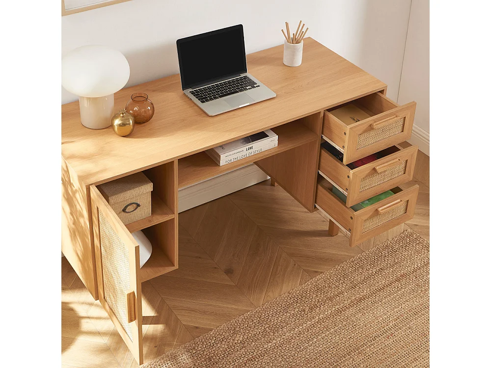 June - Bureau 1 porte 3 tiroirs en bois et cannage L135cm - Bois clair