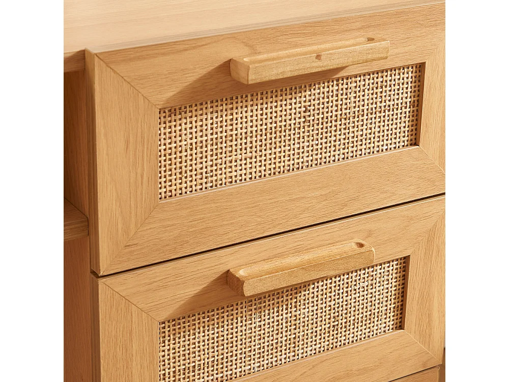 June - Bureau 1 porte 3 tiroirs en bois et cannage L135cm - Bois clair