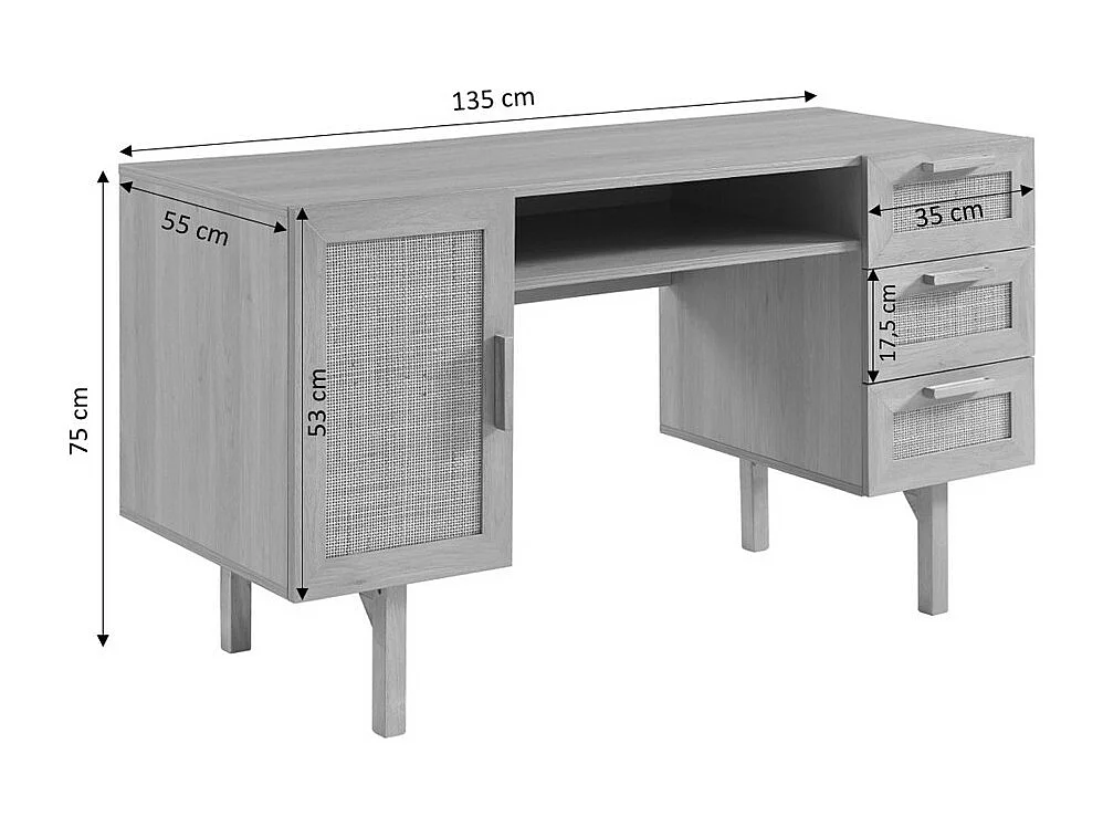 June - Bureau 1 porte 3 tiroirs en bois et cannage L135cm - Bois clair