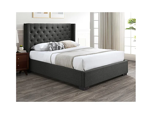 Bett mit Bettkasten mit gestepptem Kopfteil + Matratze - 140 x 200 cm - Stoff - Grau - MASSIMO