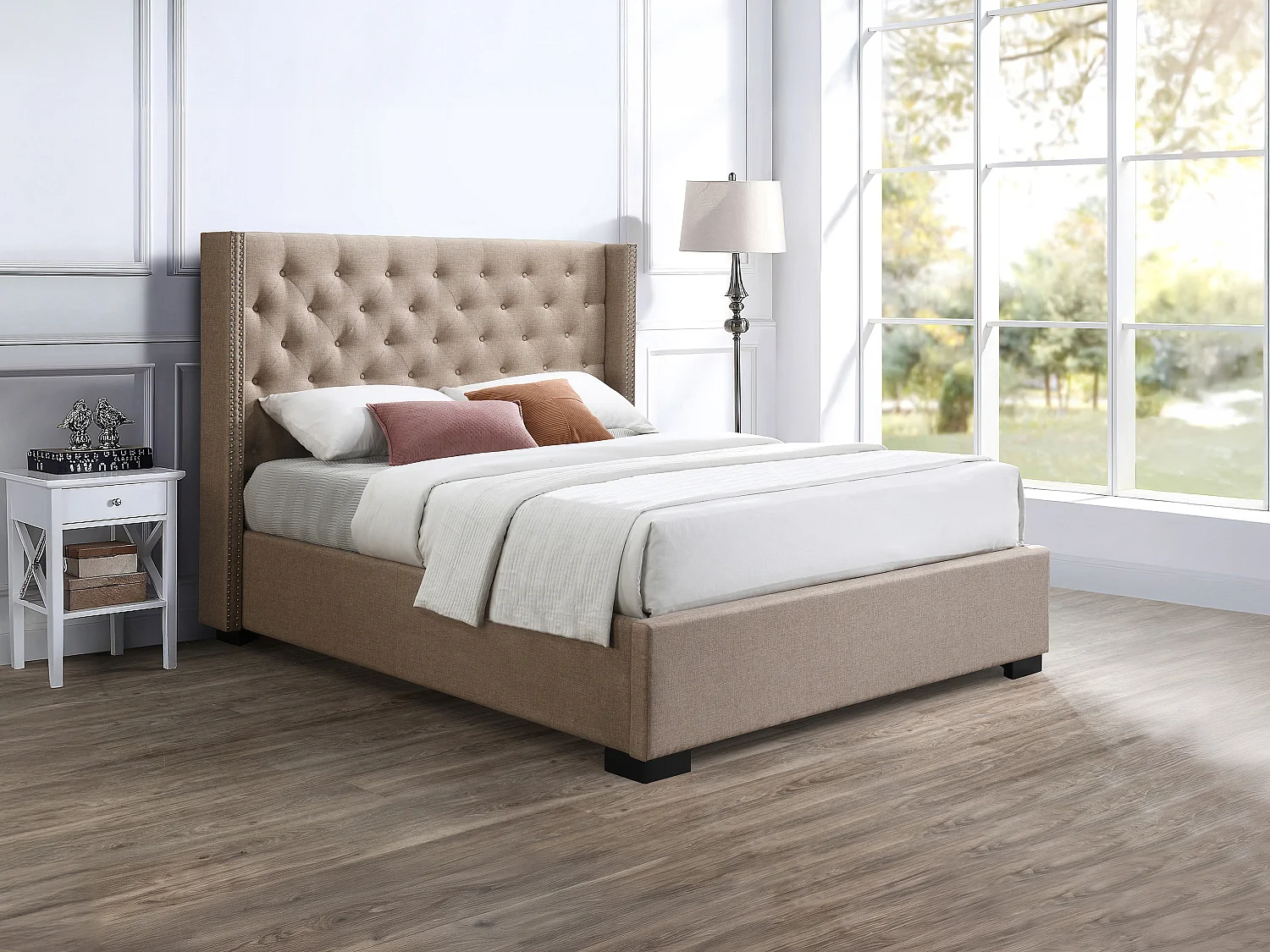 Lit coffre 140 x 200 cm avec tête de lit capitonnée - Tissu - Beige + Matelas - MASSIMO