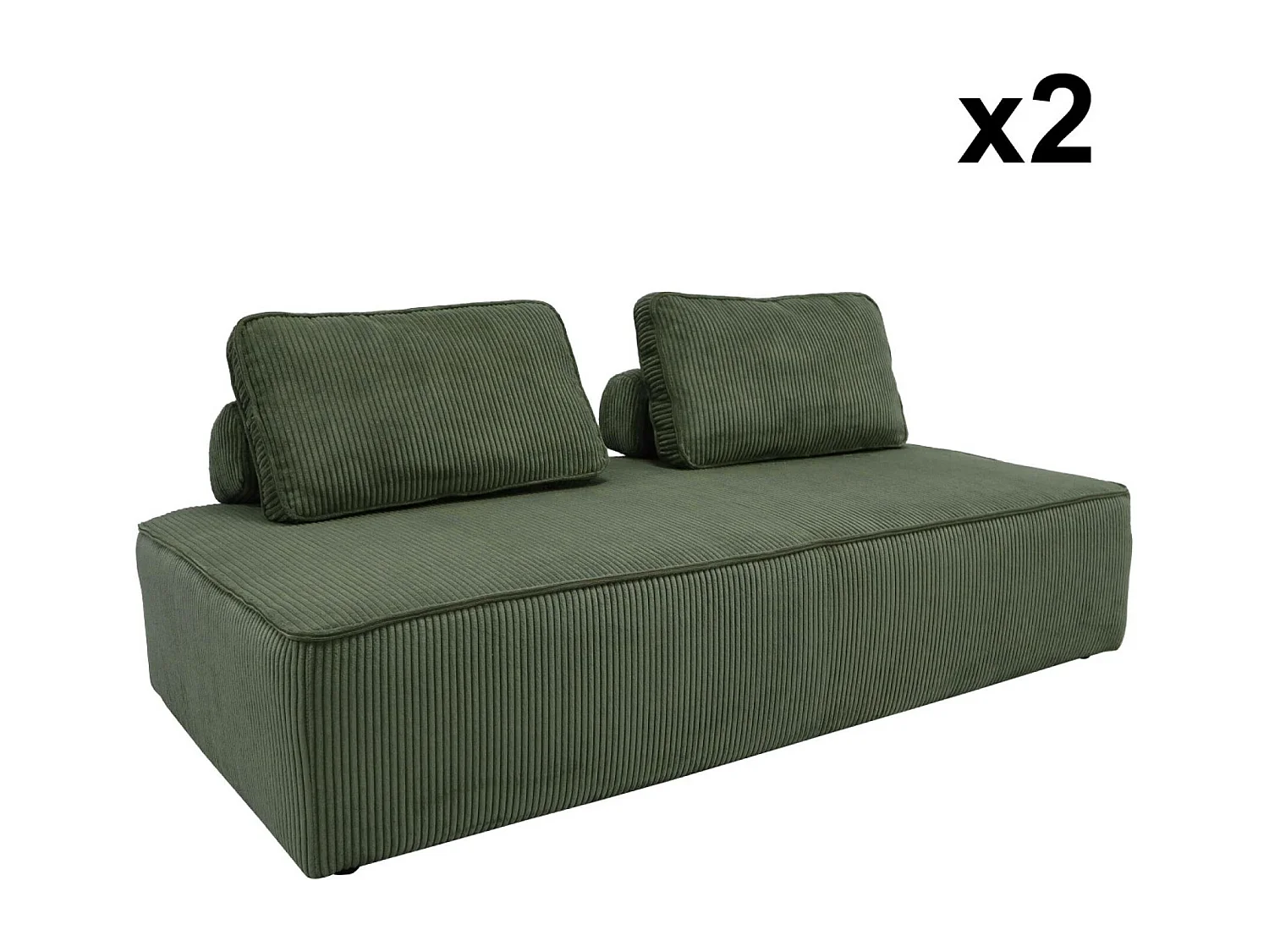 Lot de 2 chauffeuses LAO 2 places pour canapé modulable velours côtelé vert. L 180 x P 90 x H 78cm