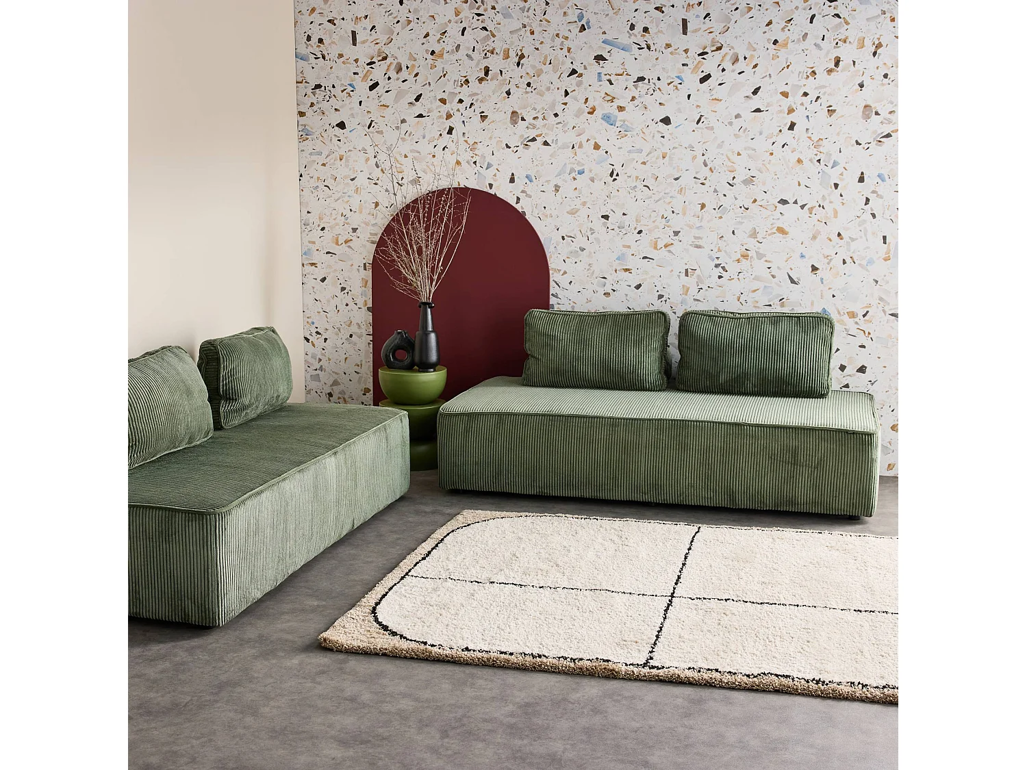 Lot de 2 chauffeuses LAO 2 places pour canapé modulable velours côtelé vert. L 180 x P 90 x H 78cm