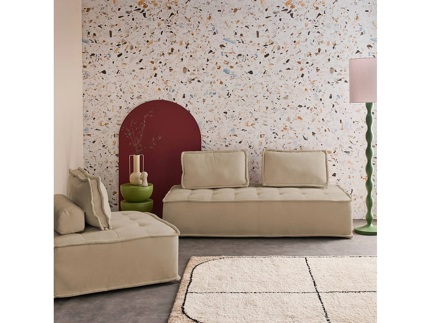 Sofá modular en tela lisa, 3 plazas beige