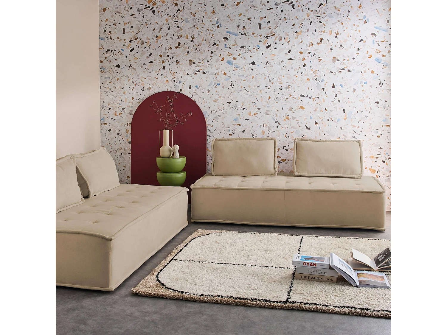 Poltroncina 2 posti per divano modulare in tessuto imbottito, set di